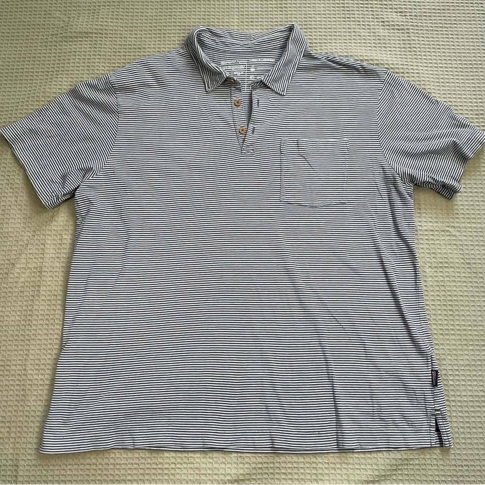 Patagonia Men's White and Navy Stripe Polo